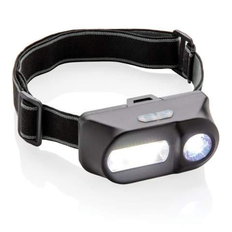 Dual head torch with both COB and LED torch. The 180 lumen COB light is perfect to illuminate areas nearby with a bright light. Switch to the 90 lumen LED light to highlight areas that are more distant (up to 80 metres). Both lights have three modes: bright, dim and flashing.  With adjustable elastic 42 cm headband to wear the item on your head or helmet.  Made from ABS. Working time 3 hours. Including batteries for direct use.<br /><br />Lightsource: COB LED<br />LightsourceQty: 2