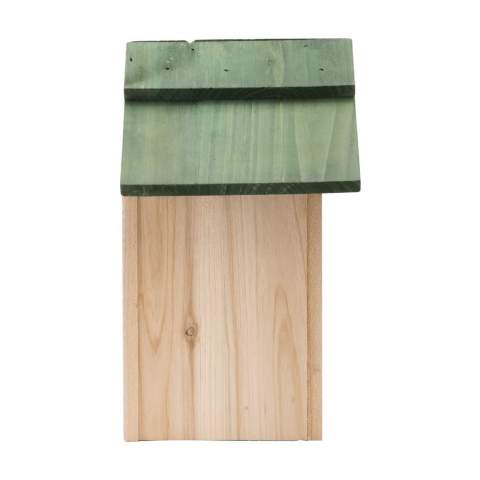 Nichoir en pin avec un toit vert amovible. Ce nichoir offre un endroit sûr pour la nidification des petits oiseaux tels que les mésanges charbonnières et bleues. Une maison décorative pour le jardin ou le balcon. Avec un œillet de suspension à l'arrière.