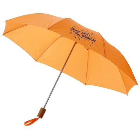 Easy to store, that is certainly the case with the Oho 20" umbrella. The umbrella is foldable and comes with a pouch that protects the item when stored. This budget-friendly umbrella has a metal frame and a small, lightweight handle that fits well in any hand. Thanks to it's size when folded it will fit perfectly in a (hand)bag. The Oho umbrella is made of durable polyester, is suitable for multiple printing options and is available in different colours.