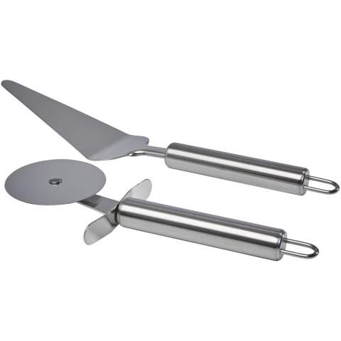 Pizza set featuring a pizza cutter and pizza spatula, also suitable for slicing and serving pies, waffles, and dough cookies, making it the perfect kitchen accessory. The spatula has a triangular cone shape with a large anti-slip surface. For safe handling the cutter has a built-in finger guard to protect hands from injury. Both tools are equipped with ergonomic handles for a comfortable grip, and at the bottom of the handles there is a hole making it easy to hang the tools on the wall to save space in the kitchen drawers.