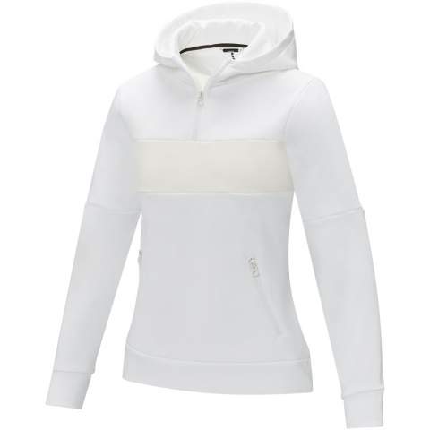 The Sayan women's half zip anorak hooded sweater – a unique combination of performance and style. The anorak design combines fashion and function seamlessly, featuring a quarter zip for versatility in layering. Made from a 350 g/m² blend of polyester and Sorona® knit. The Sorona® fiber enhances the jacket's eco-friendliness by incorporating a sustainable element without compromising on performance. The contrast fabric on the front panel, made of 280T ripstop nylon, adds to the design with its durability and texture and is the ideal location to showcase your brand. Whether you're embarking on an outdoor adventure or simply navigating your daily routine, the Sayan hooded sweater effortlessly combines fashion with function. This sweater is designed with a fitted shape for a feminine look.