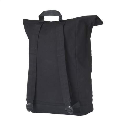 Rugged, practical ‘roll-top’ backpack made from sturdy canvas (320 g/m²). The backpack has one large inner compartment, a pocket on 1 side and a large zipper pocket on the front. With carrying strap, roll closure and handy click system at the top. The perfect bag for daily use. Capacity approx. 20 litres.