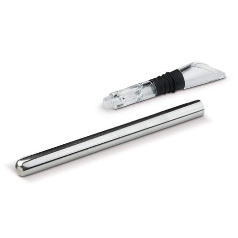 Keep your wine chilled with this nifty cooling stick. Store it in the freezer until you need it to keep your wine cool. Once inserted into the bottle of wine it also serves as a pouring spout. Comes packaged in a gift box.