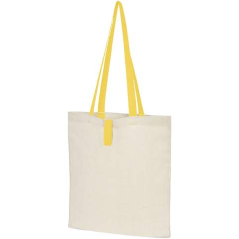 Tote bag with an open main compartment and coloured handles with a dropdown height of 32 cm. Features a strap with button closure to keep the bag folded. Resistance up to 8 kg weight. 