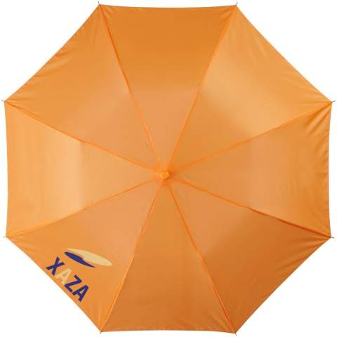Easy to store, that is certainly the case with the Oho 20" umbrella. The umbrella is foldable and comes with a pouch that protects the item when stored. This budget-friendly umbrella has a metal frame and a small, lightweight handle that fits well in any hand. Thanks to it's size when folded it will fit perfectly in a (hand)bag. The Oho umbrella is made of durable polyester, is suitable for multiple printing options and is available in different colours.