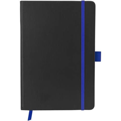 A5-formaat zwart hardcover notitieboek, voelt zacht aan. Beschikt over gekleurde paginaranden en een bijpassende kleur pagina-lint, elastische sluiting en penlus voor een coherente look. De beste keuze als je op zoek bent naar een voordelige notitieboek met bijpassende kleurendetails. Inclusief 80 pagina’s (70 g / m2) crèmekleurig papier.
