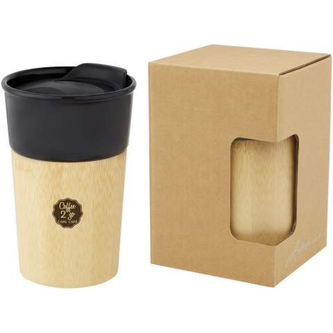 Stylish porcelain mug with organic bamboo exterior which provides a natural look and comfortable grip. The Pereira mug features a push-on spill-proof slide-lock lid and is BPA Free. Volume capacity is 320 ml. Handwash recommended. Presented in a recycled cardboard gift box.