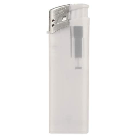 An electronic frosty refillable lighter. Matt silver coloured cap. Child-resistant.