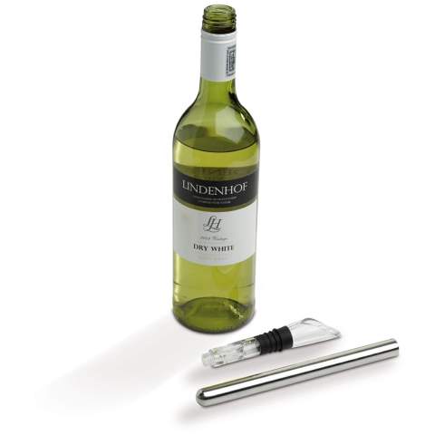 Keep your wine chilled with this nifty cooling stick. Store it in the freezer until you need it to keep your wine cool. Once inserted into the bottle of wine it also serves as a pouring spout. Comes packaged in a gift box.