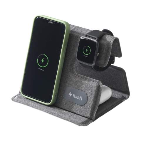 Chargeur magnétique sans fil 3-en-1 de 15W en ABS recyclé et PU recyclé avec un motif gris mélangé. Cette station de charge prend en charge la charge sans fil rapide : 15W pour un téléphone portable 2,5W pour votre iWatch et 3W pour les écouteurs TWS. Entrée : 1 x USB-C 9V/3A. Le chargeur rapide magnétique intégré est compatible avec tous les appareils prenant en charge la charge sans fil Qi. Placez cette station d'accueil sur votre bureau et votre espace de travail reste ordonné et vos appareils chargés. Pliable et facile à transporter. Comprend un câble de charge USB-C/USB-C et un mode d'emploi. Certifié RCS. Matière recyclée totale : 59%. Par pièce dans une boîte.