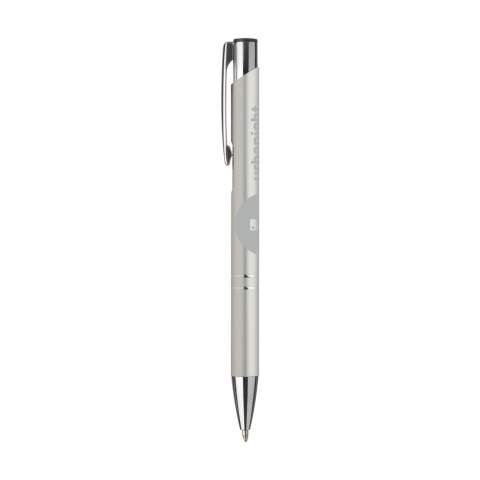 Blue or black ink, aluminium ballpoint pen with satin matte finish and metal clip/push button.