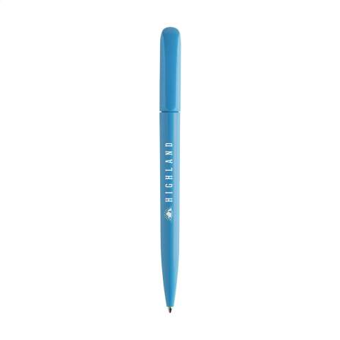 Blue or black ink ballpoint pen with curved clip and twist mechanism.