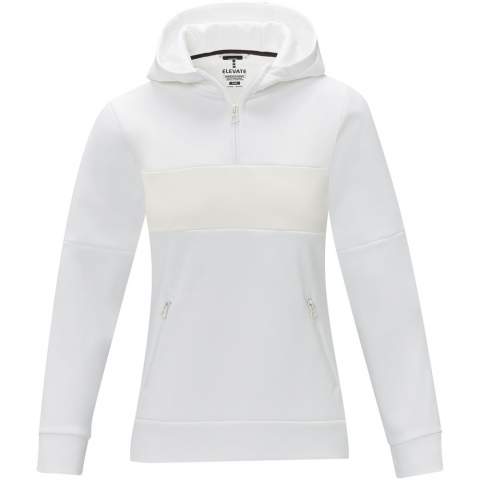 The Sayan women's half zip anorak hooded sweater – a unique combination of performance and style. The anorak design combines fashion and function seamlessly, featuring a quarter zip for versatility in layering. Made from a 350 g/m² blend of polyester and Sorona® knit. The Sorona® fiber enhances the jacket's eco-friendliness by incorporating a sustainable element without compromising on performance. The contrast fabric on the front panel, made of 280T ripstop nylon, adds to the design with its durability and texture and is the ideal location to showcase your brand. Whether you're embarking on an outdoor adventure or simply navigating your daily routine, the Sayan hooded sweater effortlessly combines fashion with function. This sweater is designed with a fitted shape for a feminine look.