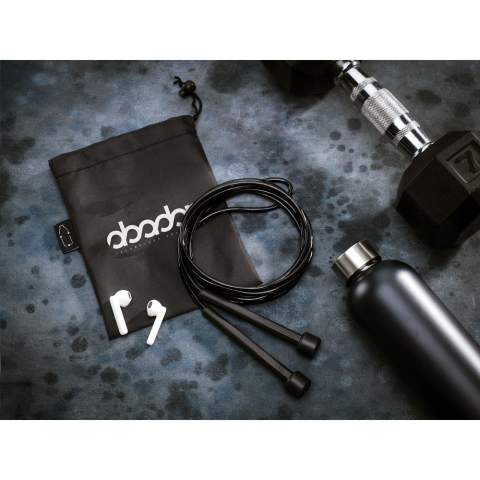 PVC sports jump rope. 270 cm in length with plastic handles. Supplied with a pouch made from 210D RPET material.