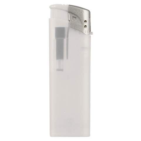 An electronic frosty refillable lighter. Matt silver coloured cap. Child-resistant.