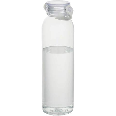 Bouteille d’eau fabriquée en RPET certifié RCS, dotée d’une poignée de transport pratique en silicone. Conforme au processus de recyclage PET approuvé par l’EFSA. Capacité : 630 ml. 