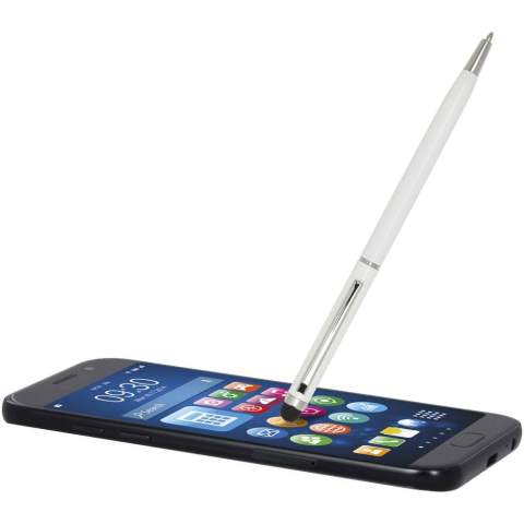Deze veelzijdige combinatie van balpen en stylus is gemaakt van duurzaam aluminium. De pen schrijft soepel en de ingebouwde stylus is perfect voor precieze navigatie op touchscreens. Inktkleur: Blauw. Schrijflengte: 1000 meter. Stiftmaat: 1,0 mm.