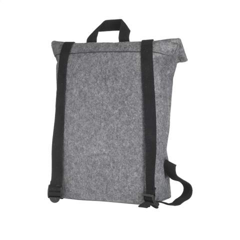 WoW! Rugged, practical ‘roll-top’ backpack made from sturdy RPET felt (made from recycled PET bottles). The backpack has a large inner compartment and a pocket on the front. With carrying strap, roll closure and handy click system at the top. Capacity approx. 15 litres.