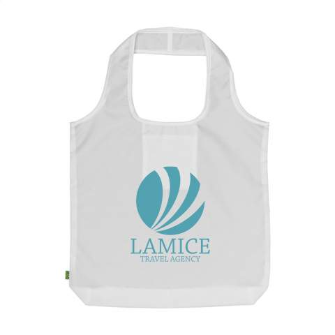 WoW! Large, foldable shopping bag with double handle made of 190T RPET polyester. Can be quickly folded into the pouch on the inside of the bag and carried along. GRS-certified. Total recycled material: 95%. Capacity approx. 10 liters. Meas. unfolded 45 x 42 cm.