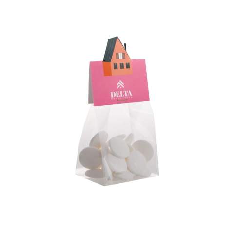 Transparent block bag with full color printed header card in your own shape, filled with 50 gram Imperial mints