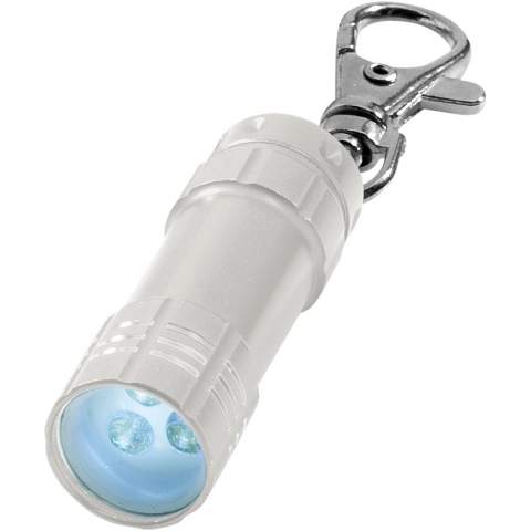 Porte-clés lampe avec 3 LED blanches. Attache mousqueton métal. Piles fournies.