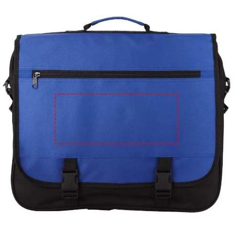 Serviette avec bandoulière ajustable, rabat à fermeture par boucle, poche zippée dans le rabat, compartiment principal zippé et plusieurs poches ouvertes sous le rabat.