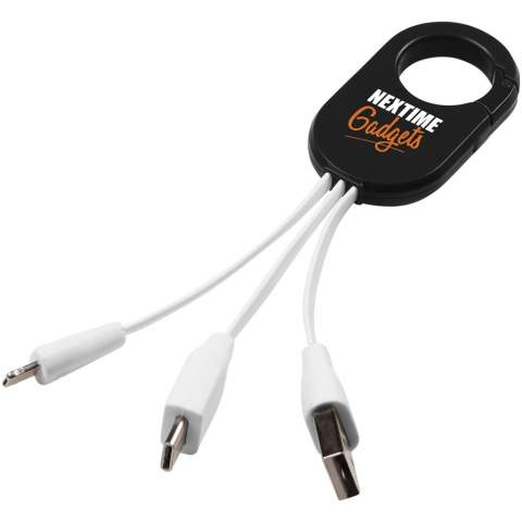 The Troop 3-in-1 charging cable features a USB type C tip and a 2-in-1 dual compatible tip for both Apple® iOS and Android devices. It has a carabiner clip to easily hook on your bag.