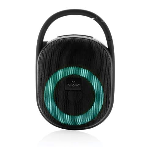 Portable but powerful 5W speaker with integrated RGB light ring. Made with casing made from 100% RCS standard recycled ABS plastic.  Total recycled content: 36% based on total item weight. With 1200 mAh lithium battery for a play time of up to 6 hours. Re-charging is done in 4 hours.  With integrated MIC to answer calls. With integrated TF slot and USB port. Comes with BT 5.0 for smooth operation up to 10 metres. With clip to attach the speaker to your backpack or any other object. Including PVC free recycled TPE material charging cable. ; Item and accessories 100% PVC free. Packed in FSC mix packaging.<br /><br />HasBluetooth: True<br />NumberOfSpeakers: 1<br />SpeakerOutputW: 5.00<br />PVC free: true