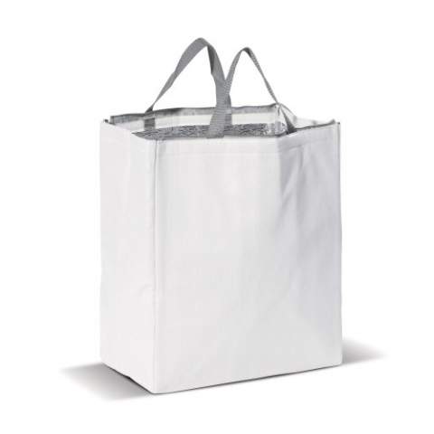 Non-woven large cool bag with zipper and a firm handle. A large print area.