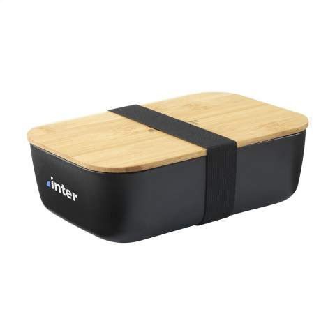 Generously sized lunch box made from PP plastic. The lid is made from natural bamboo. Includes an elastic closing strap.