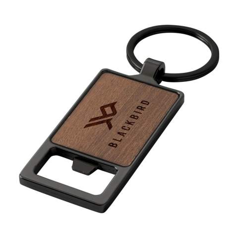 Keychain with bottle opener. With a hardwood handle and a zinc alloy opener. Attached to a sturdy, metal key ring. Each item is supplied in an individual brown cardboard envelope.