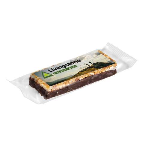 Energy bar banana-chocolate in transparent foil, with full colour print label on the front