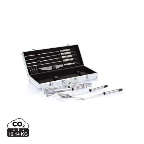 12 pcs stainless steel barbecue set, including 4 pcs skewers, carving knife, 4 corn holders, spatula, carving fork with protection cover and pair of tongs. Packed in aluminium case with hinges and handle.