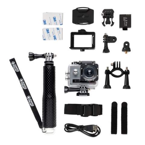 Full HD action camera (1280*720P) with wide angle and 120 degree function for perfect movies and pictures of your outdoor activities. Includes a 650 mAh battery for usage up to an hour on a single charge. Includes super strong ABS selfie stick to make even better movies and photos. Packed in handy Swiss Peak travel pouch to take your camera wherever you go. Including 11 accessories.