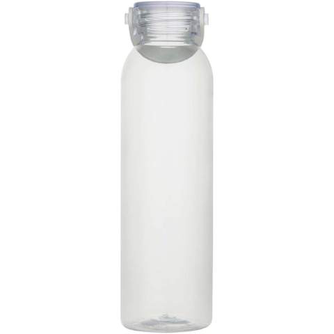 Bouteille d’eau fabriquée en RPET certifié RCS, dotée d’une poignée de transport pratique en silicone. Conforme au processus de recyclage PET approuvé par l’EFSA. Capacité : 630 ml. 