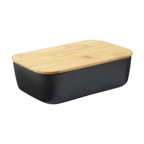 Große Lunchbox aus PP-Kunststoff. Der Deckel ist aus natürlichem Bambus gefertigt. Inklusive elastischem Gurt.