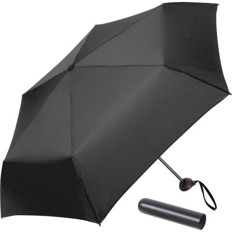 Practical manual opening mini pocket umbrella in a tube with windproof system Easy to handle thanks to sliding safety runner, high-quality windproof system for maximum frame flexibility in stormy conditions, plastic handle with carrying loop made of cover material colour-coordinated with the cover, special handle with silicone ring to ensure tight closing of the package, tube made of plastic with rubber lip for draining water and for the safe transport of the wet umbrella