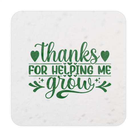 WoW! Sous-verres carrés en papier biodégradable avec des graines de fleurs (papier ensemencé 200 g/m²). Impression en full colour sur une face.    Une impression (en full colour) sur la deuxième face est possible moyennant un coût supplémentaire.    Le mélange de fleurs se compose de :  Godetia, Mesembrantium,  Petunia, Gypsophila,  Antirrhinum, Allysum Bentany.    Après utilisation, les sous-verres peuvent être plantés dans le sol, où ils se transformeront en fleurs. Donnez de la couleur à votre marque !    En raison de l'utilisation de graines et de matériaux recyclés, de petites irrégularités dans le matériau peuvent être visibles. Fabriqué en Europe.