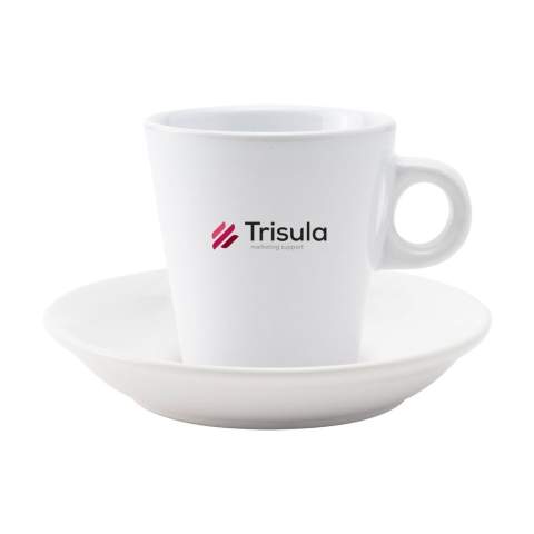 Quality ceramic coffee mug  with saucer. Suitable for all coffee machines. Dishwasher safe. The imprint is dishwasher tested and certified: EN 12875-2. Dim. cup 8 x 8 Ø cm. Dim. saucer Ø 13,8 cm. Capacity 200 ml.