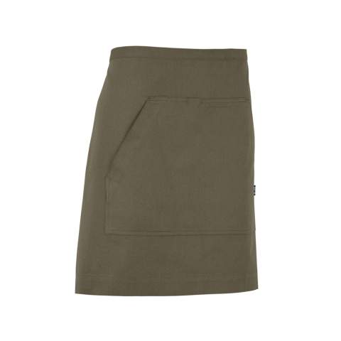 Korte heupschort met tailleband. Voorzak in het midden opgesplitst. Decoratiestiksels<br />in kleur van keperstof, denimschort heeft gele stiksels.