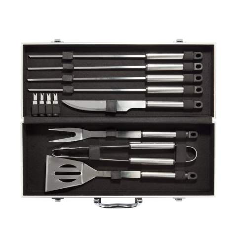12 pcs stainless steel barbecue set, including 4 pcs skewers, carving knife, 4 corn holders, spatula, carving fork with protection cover and pair of tongs. Packed in aluminium case with hinges and handle.