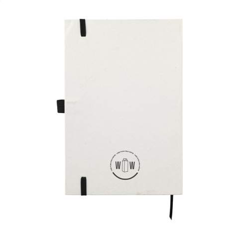 WoW! Durable A5 notebook with a cover made from recycled milk cartons (up to 70%). With 80 sheets of cream-coloured lined paper (80 g/m²), elastic closure and a reading ribbon.  The milk cartons consist of aluminum, paper and plastic. These materials are separated from each other and the leftover paper is used to make the cover of this notebook.