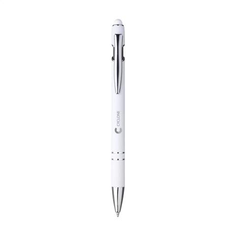 Stylo à bille fin avec un support en aluminium. Doté d'une finition caoutchoutée au toucher doux et d'un dessus / embout en caoutchouc. Clip en métal robuste et pointe en plastique. Encre bleue.