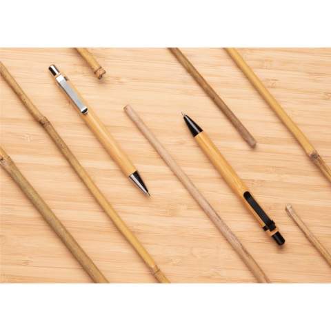 Bamboo ballpoint pen with metal ring and clip.