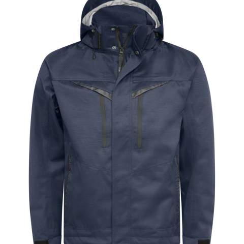 • wind- en waterdicht shell jas met getapete naden, in rip-stop materiaal<br />• tweeweg ritssluiting met flap en een drukknoopsluiting<br />• rechtse borstzak met ritssluiting en met binnenin lus voor badgehouder            <br />• zijzakken met ritssluiting<br />• binnenzakken met ritssluiting, linkse met extra zak met velcro sluiting<br />• aanpasbare capuchon met aantrekkoord in 2 richtingen<br />• aanpasbare manchetten met velcro en aanpasbare taille met duimgrip<br />• drukkersrits