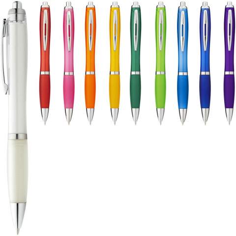 Ballpoint pen with click action mechanism and soft touch grip.