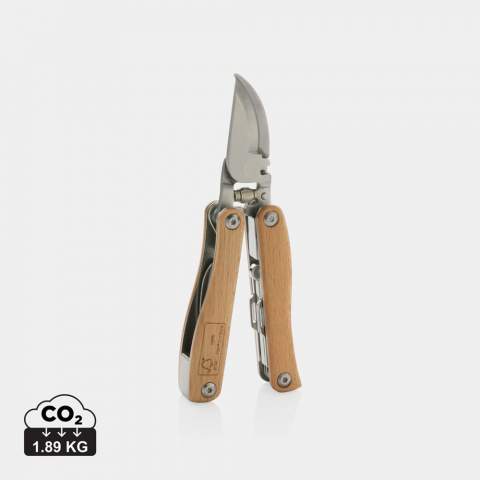 Garden multi-tool made with FSC 100% beech wood,  high hardness and corrosion resistant stainless steel (420). Rockwell hardness 42-52. The item comes with 10 functions: Garden pruning shears, Lock, Flat screwdriver, File, Root remover, Knife, Shovel, Saw, Weed remover hook, Weeding tool. Packed in FSC mix kraft box.<br /><br />PVC free: true