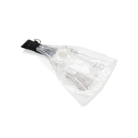 CPR-Maske für die Mund-zu-Mund-Beatmung im, mit einem Klettverschluss verschlossenen Etui und mit Stahl-Schlüsselring, EN 13485:2016 konform. Mit Rückschlagventil. Verkauf in die Schweiz nicht möglich.