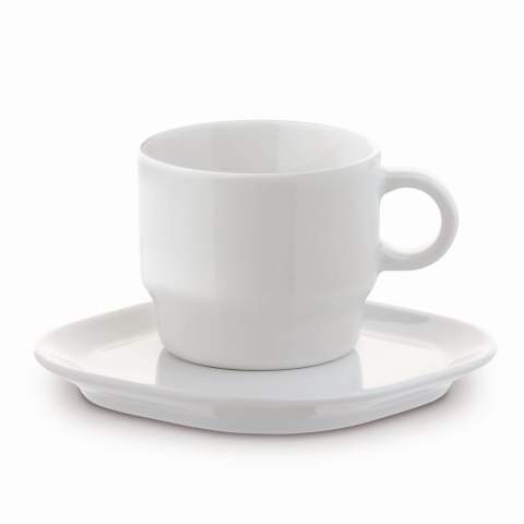 Cup and saucer of high-quality porcelain from the Toppoint design 'Satellite' series. Big imprint space. The square shaped saucer has additional space around the cup. Made in Europe.