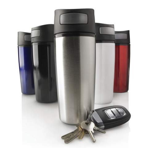 Auto is a 300ml tumbler with black PP coating and an innovative push system which allows you to control it with only one hand. Ideal for in the car. Registered design®<br /><br />HoursHot: 3<br />HoursCold: 6
